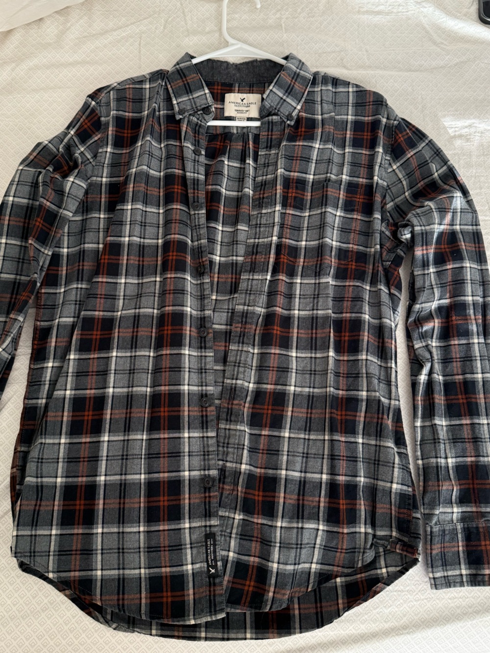 American Eagle Outfitters Gray, Black & Rust Plaid Button-Down Shirt